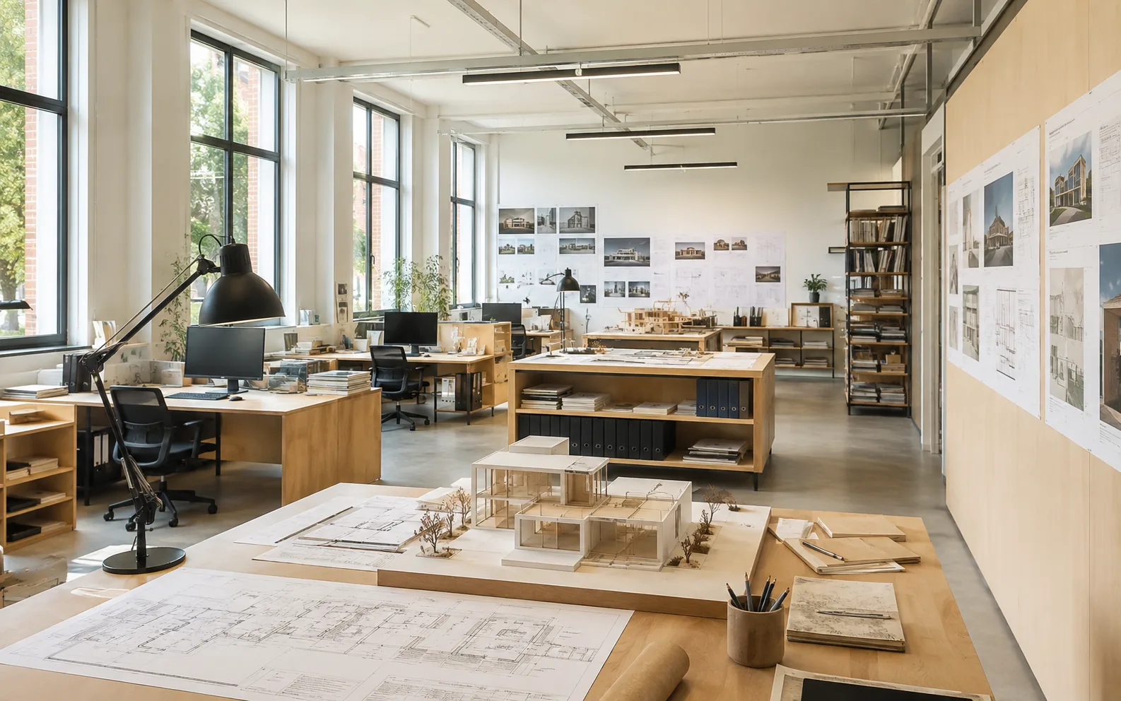 Interior of a workspace with layered timber and daylight