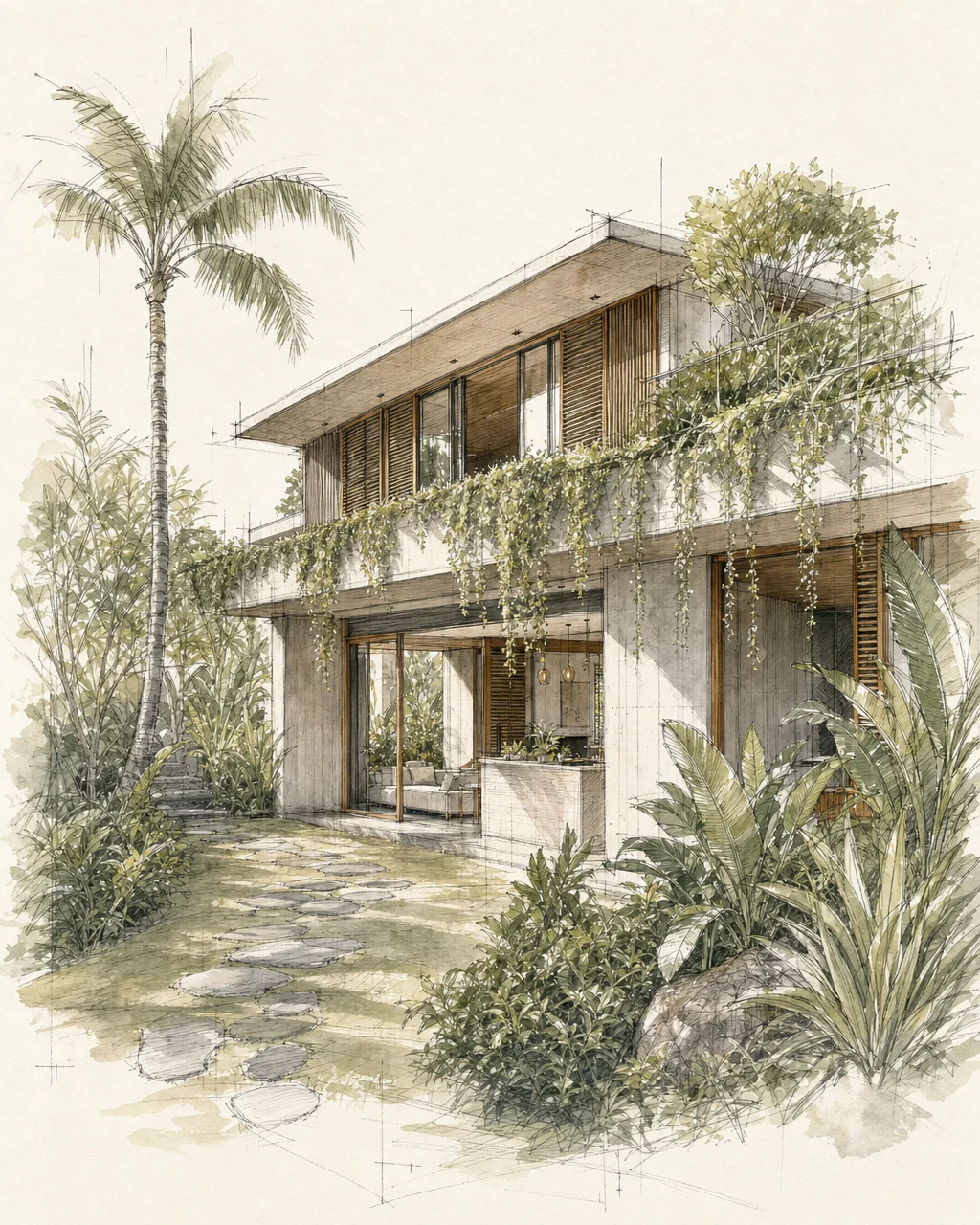 Sketsa konsep tangan sebuah rumah tropis dengan kisi kayu