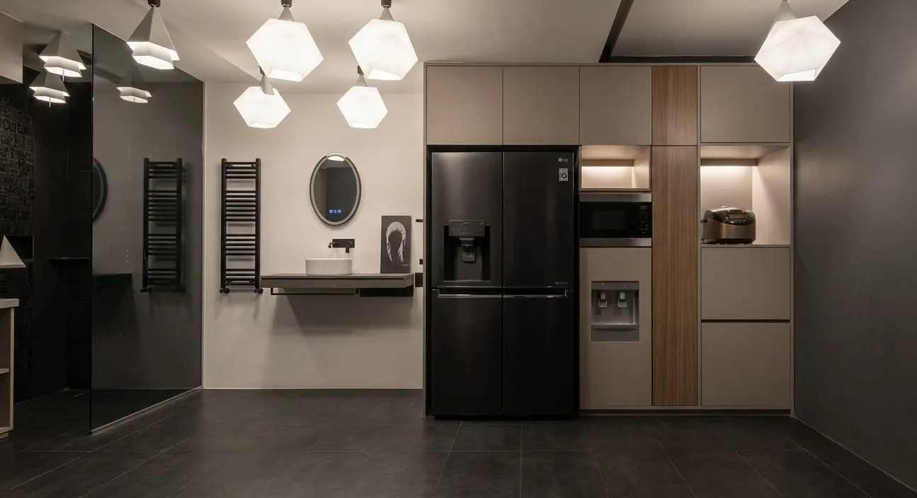 Kitchen and laundry design with built-in cabinetry and timber panels (1)