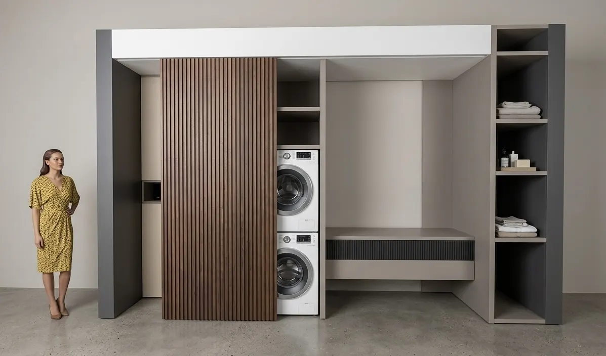 Kitchen and laundry design with built-in cabinetry and timber panels (3)