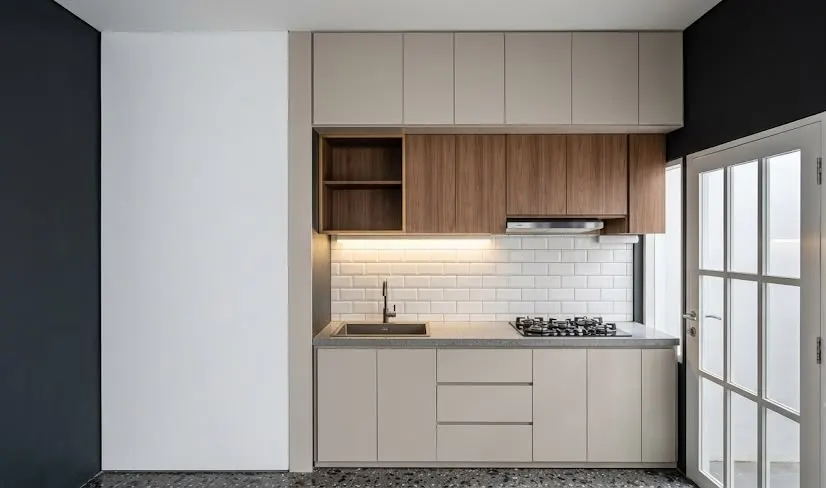 Kitchen and laundry design with built-in cabinetry and timber panels (4)