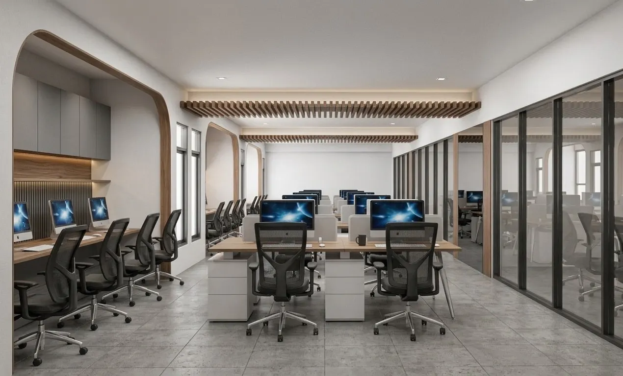 Kantor modern dengan workstation terbuka, lengkung plafon, dan ruang rapat kaca (1)