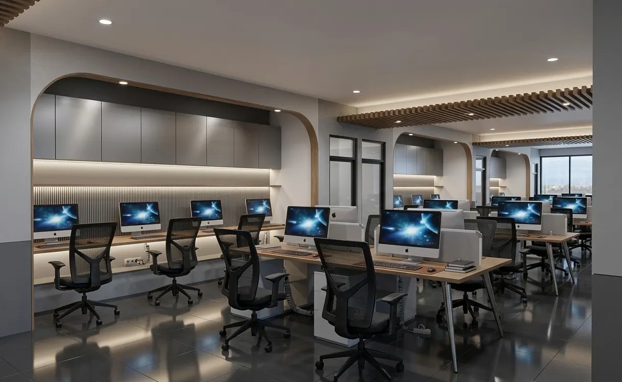 Kantor modern dengan workstation terbuka, lengkung plafon, dan ruang rapat kaca (2)