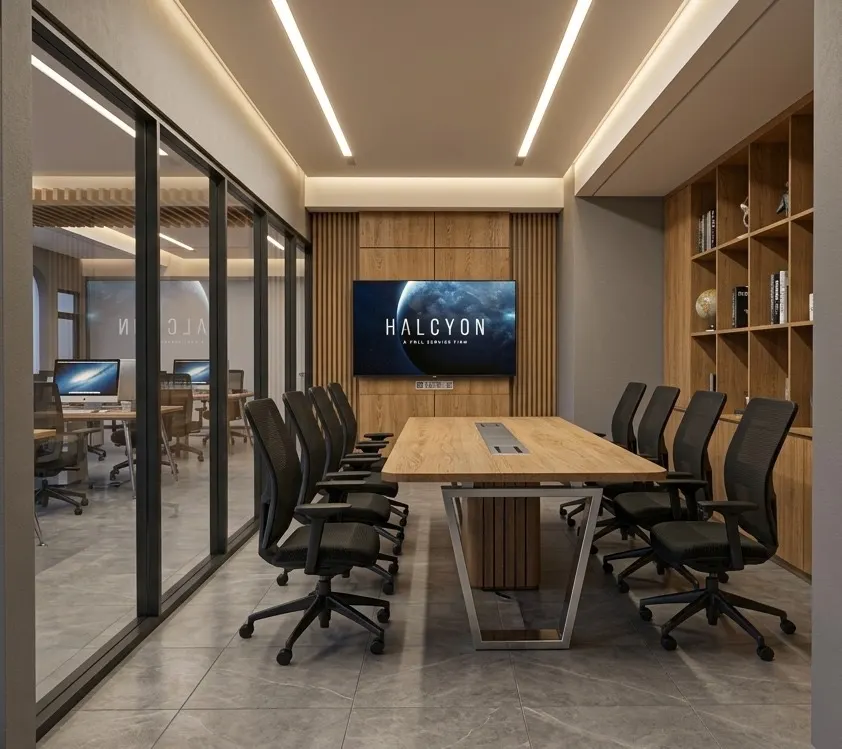 Kantor modern dengan workstation terbuka, lengkung plafon, dan ruang rapat kaca (3)