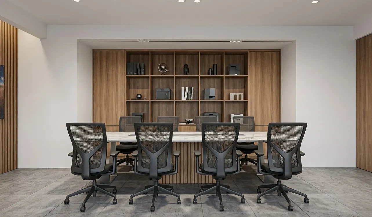 Kantor modern dengan workstation terbuka, lengkung plafon, dan ruang rapat kaca (4)