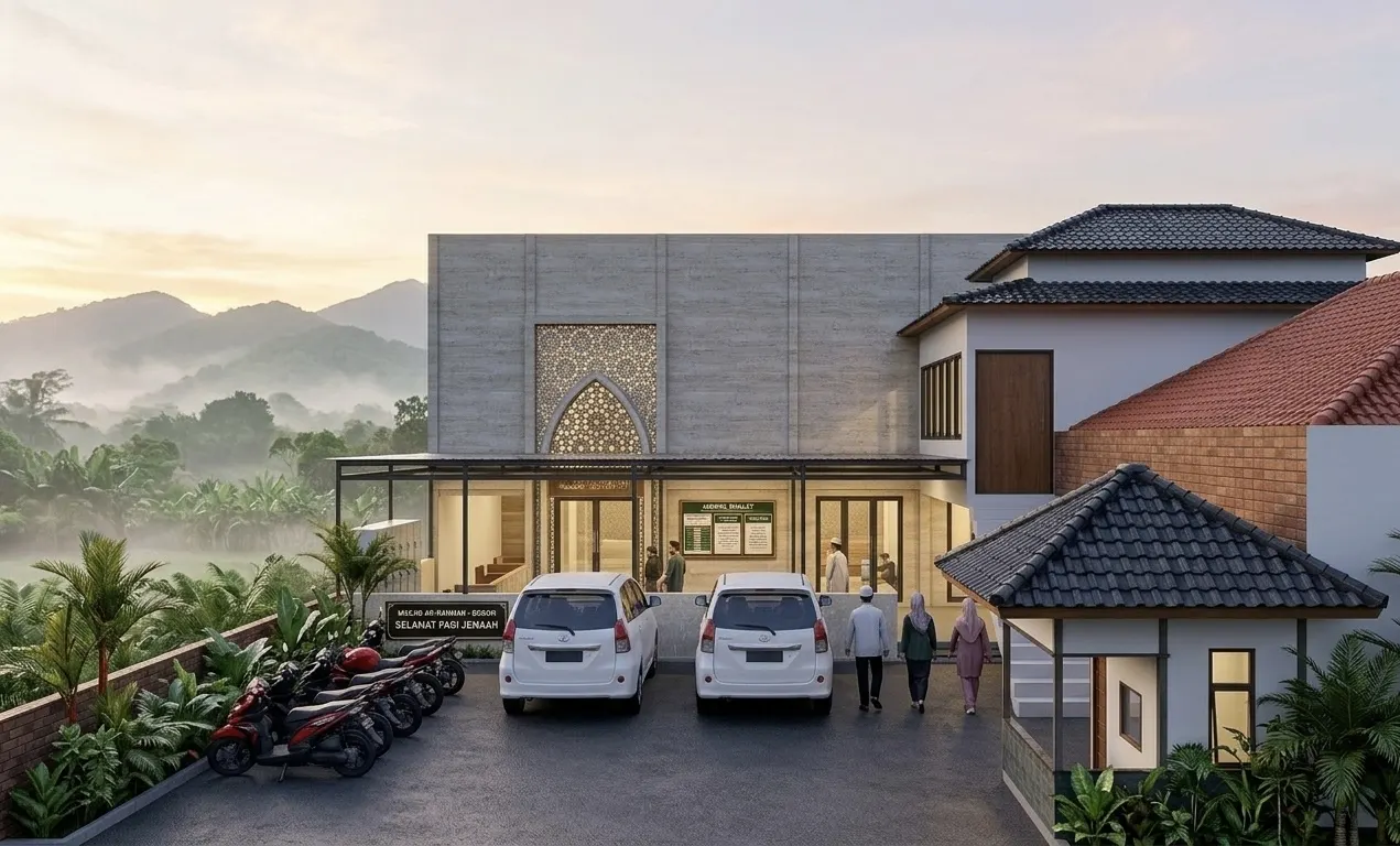 Mosque and community hall with calligraphy ornament and a pavilion (1)