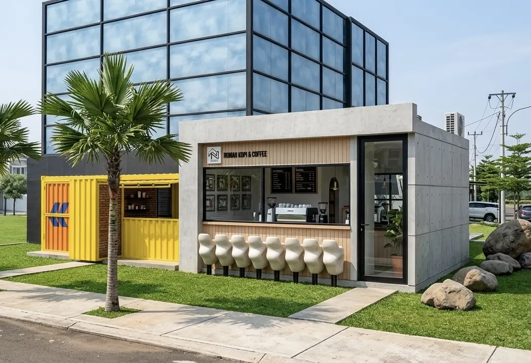 Kios kopi Nu Sae dari kontainer dengan area duduk di taman (1)