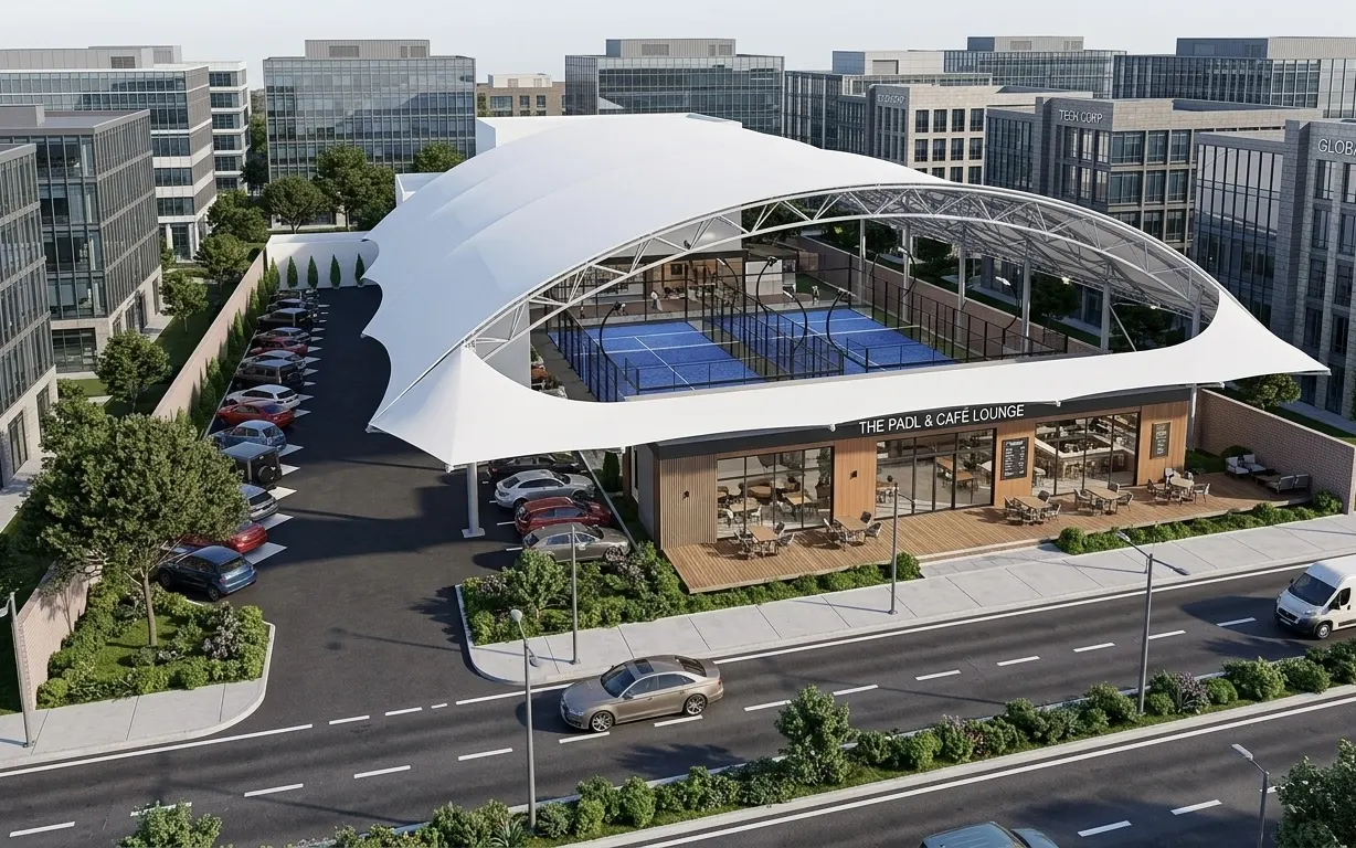 Padel club with a white undulating membrane roof and a two storey lounge (1)