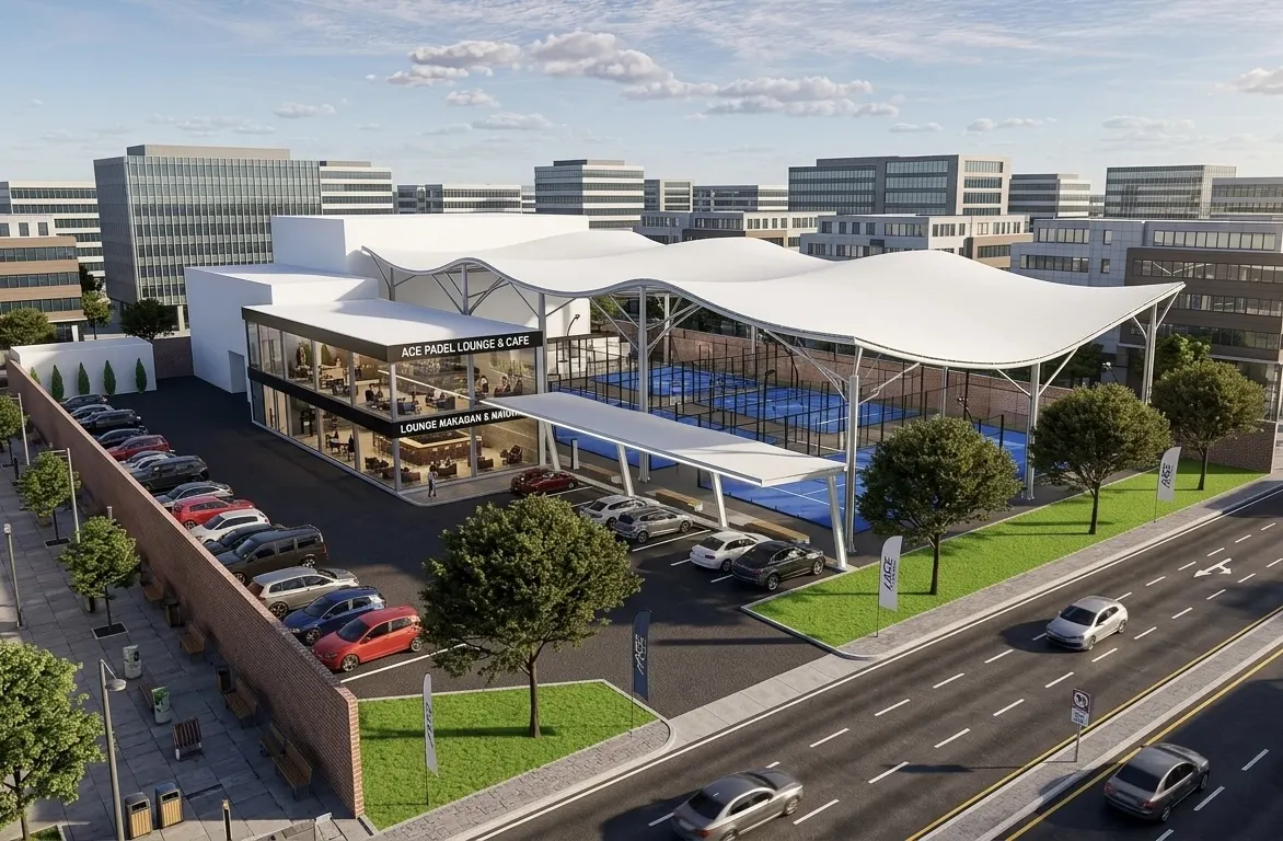 Padel club with a white undulating membrane roof and a two storey lounge (2)
