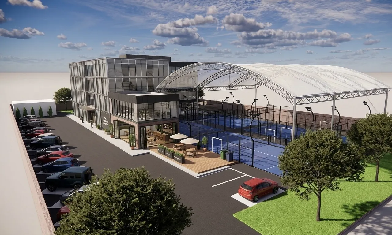 Padel club with a white undulating membrane roof and a two storey lounge (3)