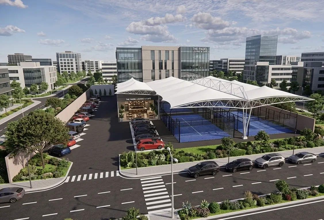 Padel club with a white undulating membrane roof and a two storey lounge (4)