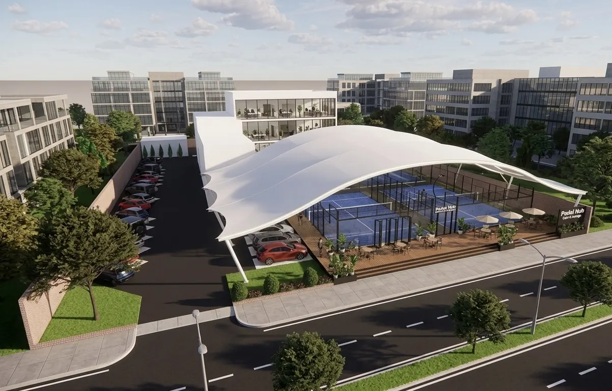 Padel club with a white undulating membrane roof and a two storey lounge (5)