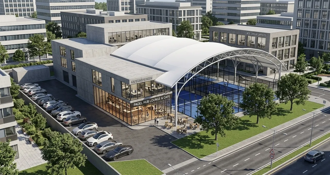 Padel club with a white undulating membrane roof and a two storey lounge (6)