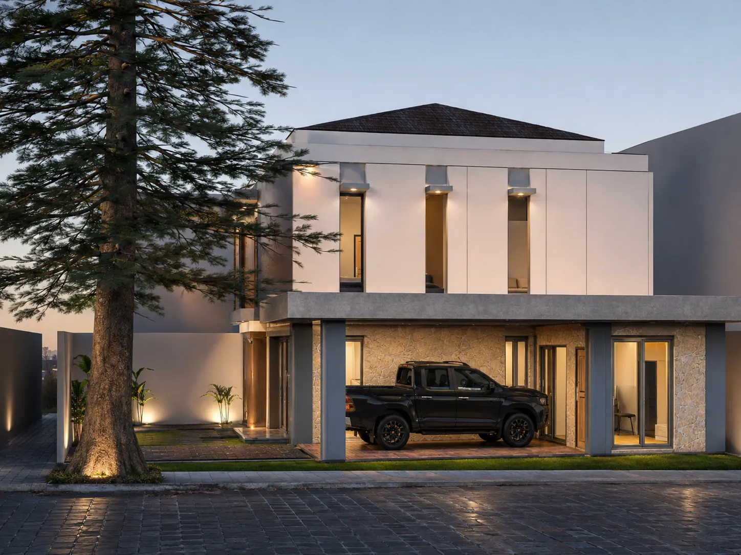 Rumah tropis modern dua lantai dengan pohon pinus di halaman depan (2)