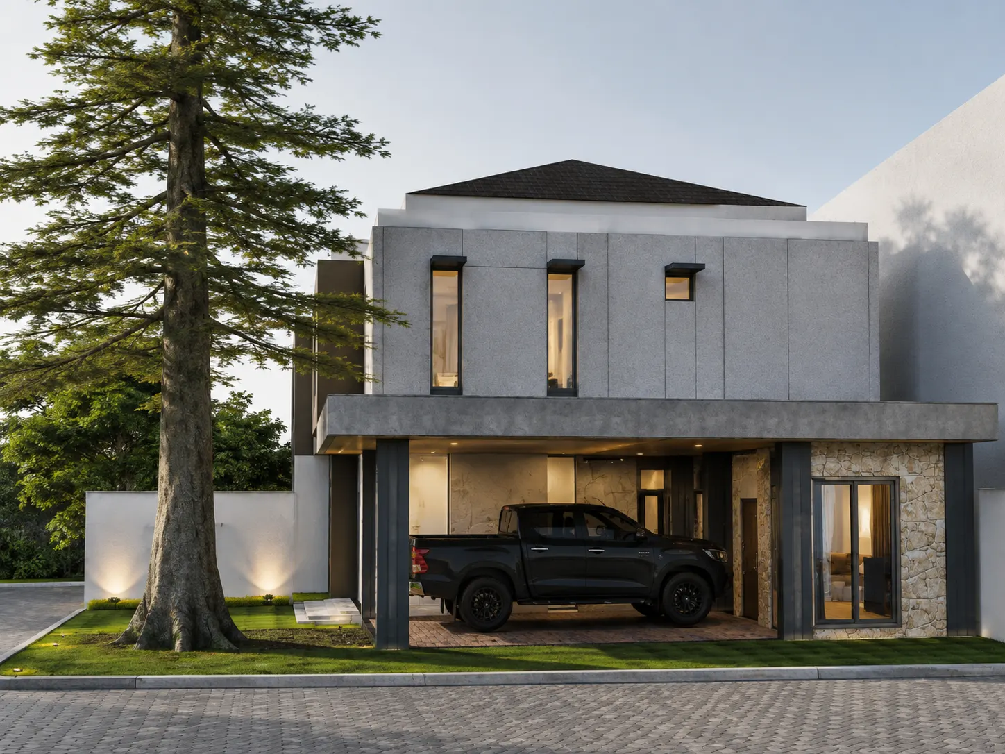 Rumah tropis modern dua lantai dengan pohon pinus di halaman depan (3)