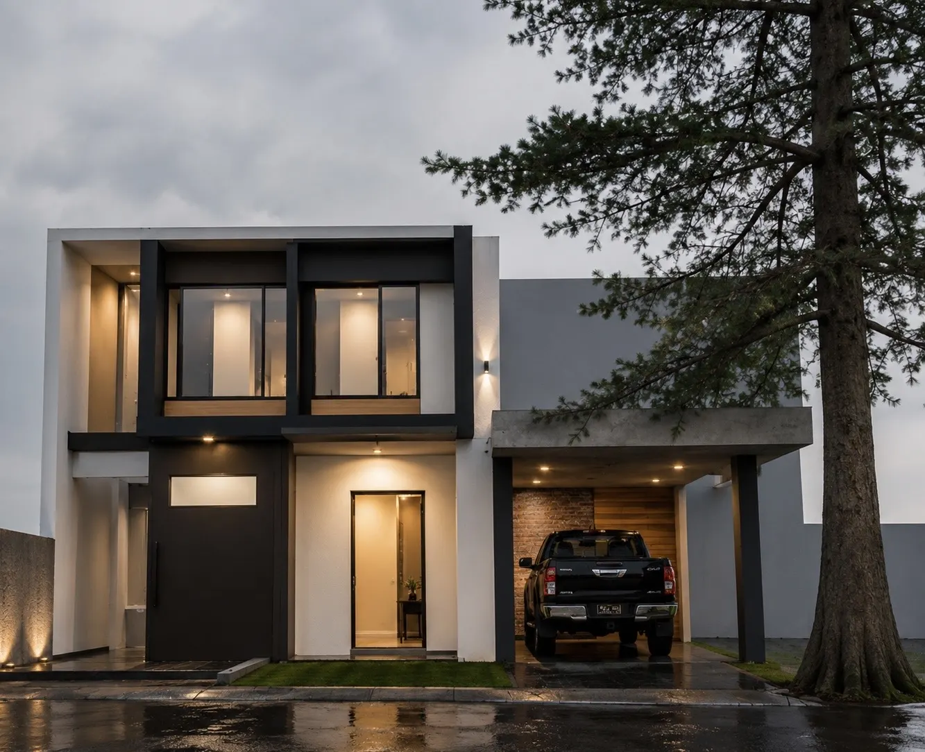 Rumah tropis modern dua lantai dengan pohon pinus di halaman depan (4)