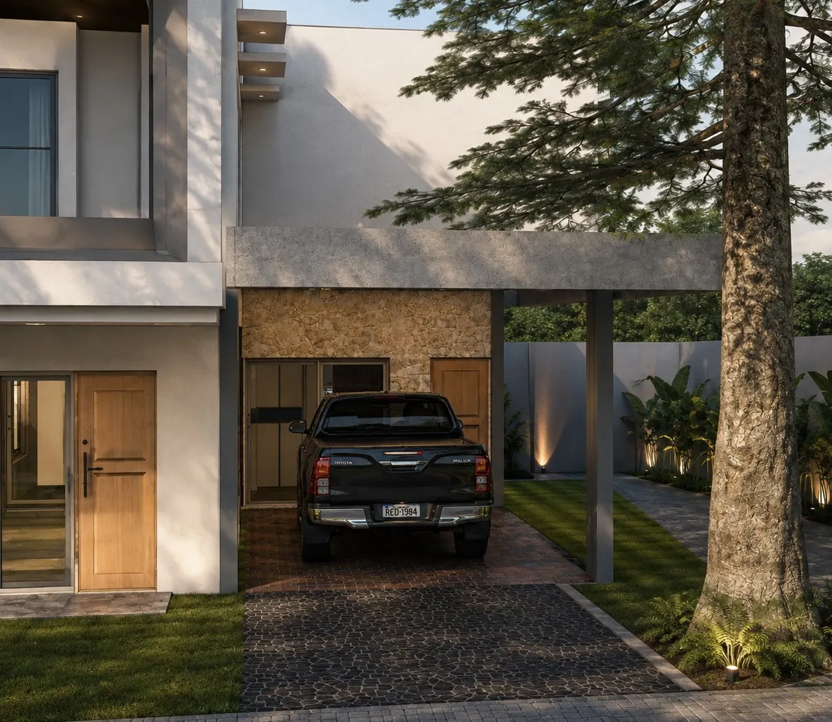Rumah tropis modern dua lantai dengan pohon pinus di halaman depan (5)
