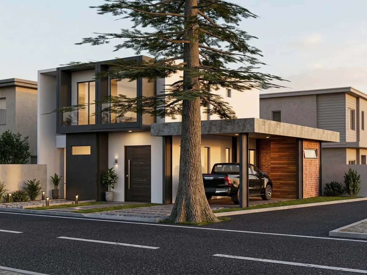 Rumah tropis modern dua lantai dengan pohon pinus di halaman depan (6)
