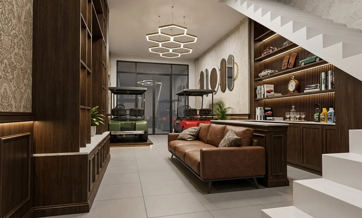 Electric vehicle showroom with timber panelling, hexagonal lights, and a workspace (1)
