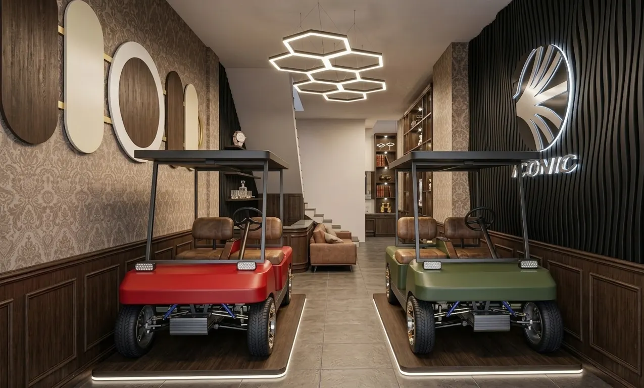 Electric vehicle showroom with timber panelling, hexagonal lights, and a workspace (2)