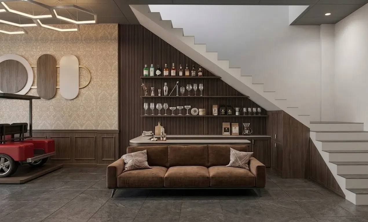 Electric vehicle showroom with timber panelling, hexagonal lights, and a workspace (3)