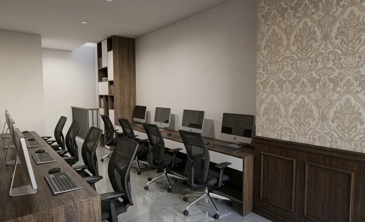 Electric vehicle showroom with timber panelling, hexagonal lights, and a workspace (5)