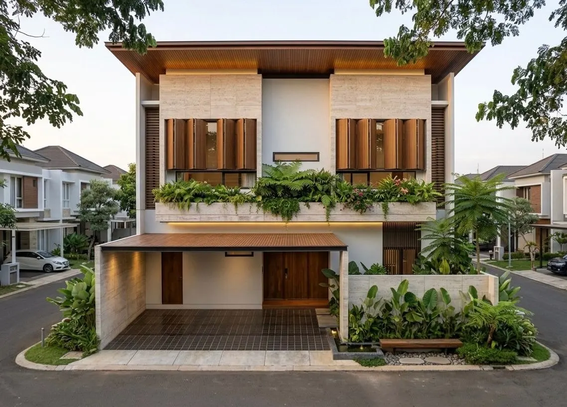 Studi fasad rumah tinggal modern tropis dengan kisi kayu dan tanaman (1)