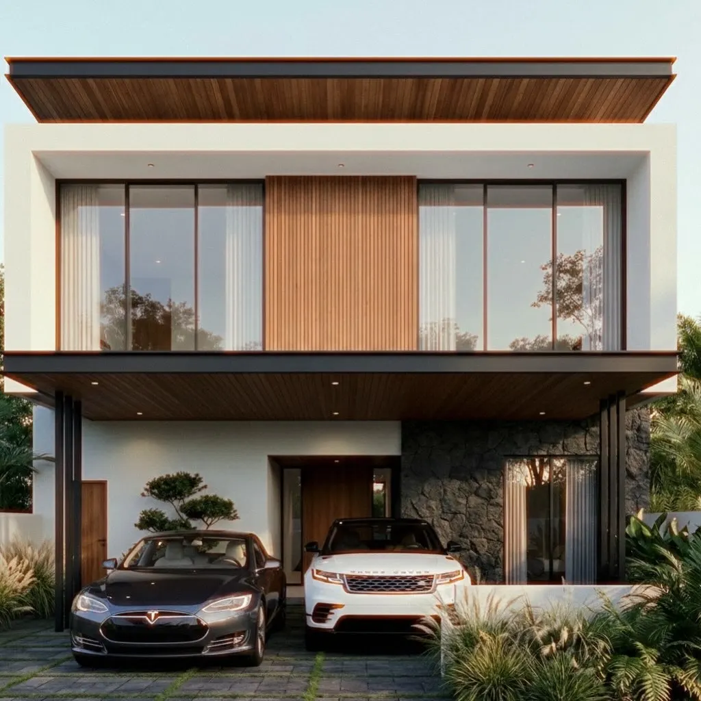 Studi fasad rumah tinggal modern tropis dengan kisi kayu dan tanaman (2)