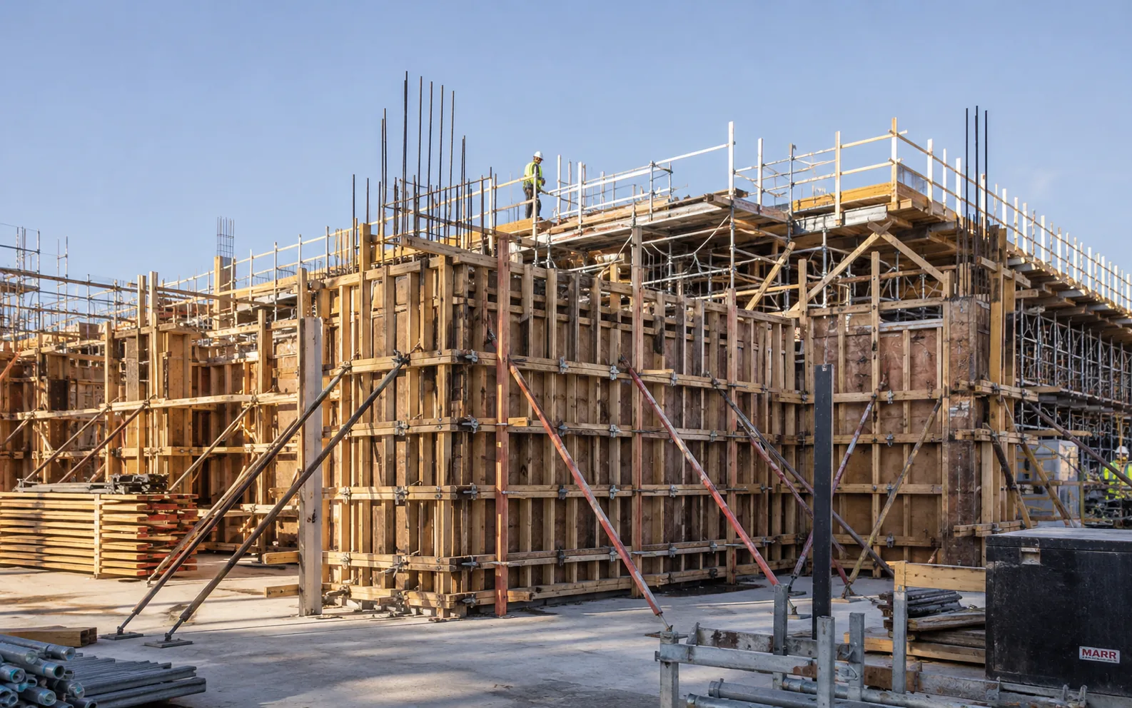 Lokasi konstruksi dengan bekisting beton dan pelapis kayu yang sudah jadi